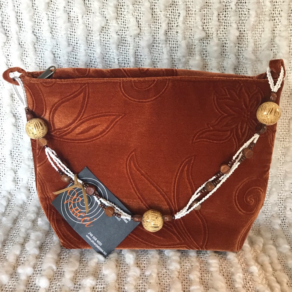 Rucci Velvet Floral Embossed Beaded Handle Handbag